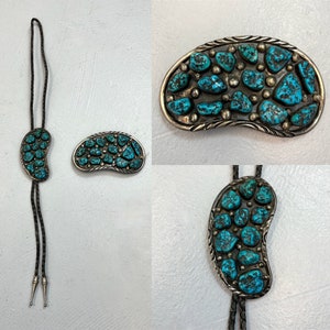1970s Turquoise Cluster Sterling Silver Leather Kidney Shape Bolo Tie & Statement Belt Buckle Set