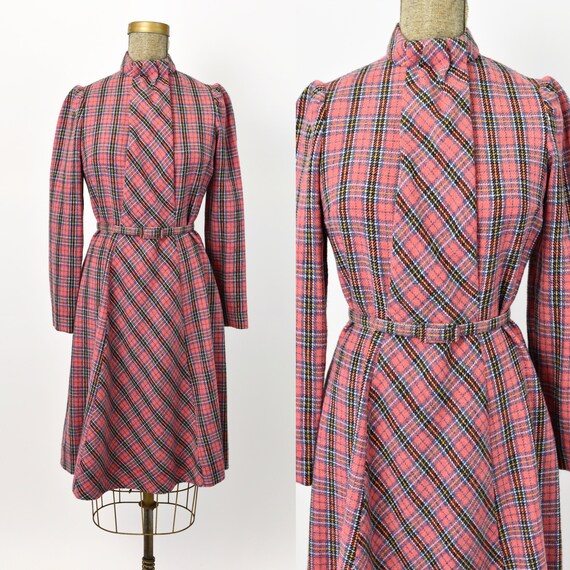 1960s Pink Plaid Wool Dress