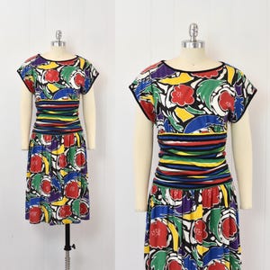 1980s Oscar de la Renta for Swirl Bonwit Teller Colorful Floral Striped Dress