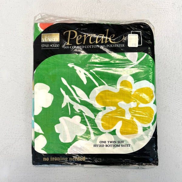 NOS 1960s/1970s Green Floral Print Montgomery Ward Percale Twin Fitted Bed Sheet