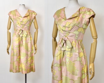 1960s Sarmi Pink Yellow Floral Print Cocktail Pinup Mrs. Maisel Dress