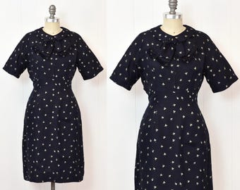 1940s Robert Leonard Navy Blue Abstract Novelty Print Dress As Is