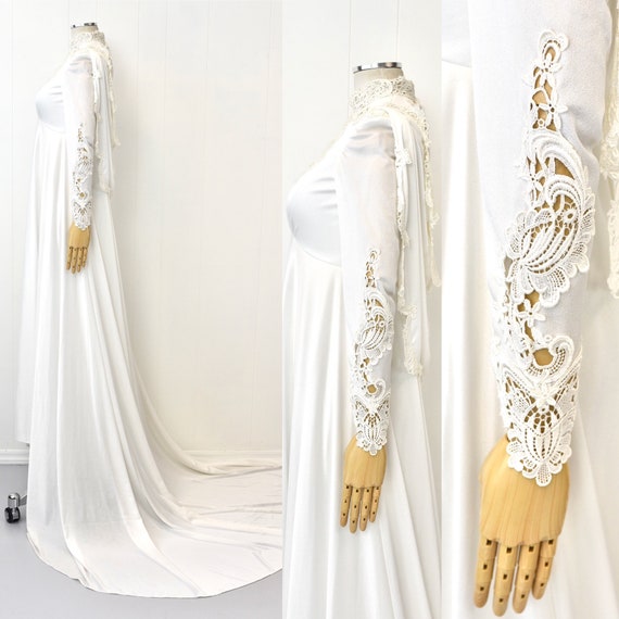 1970s White Lace Pearl Beaded Wedding Bridal Gown… - image 6