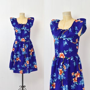 1980s/1990s Blue Hawaiian Rainbow Orange Hibiscus Floral Ruffle Tiki Dress
