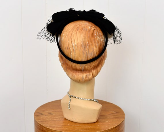 1940s Black Veiled Fur Sequin Bow Top Hat Fascina… - image 7