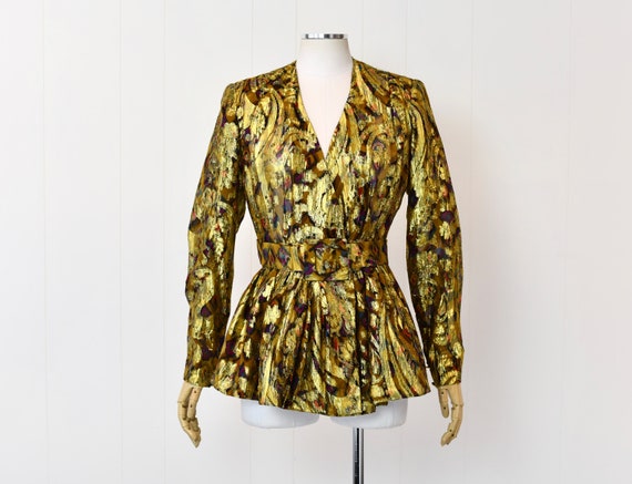 1980s Gold Metallic Floral Sheer Peplum Blouse wi… - image 1