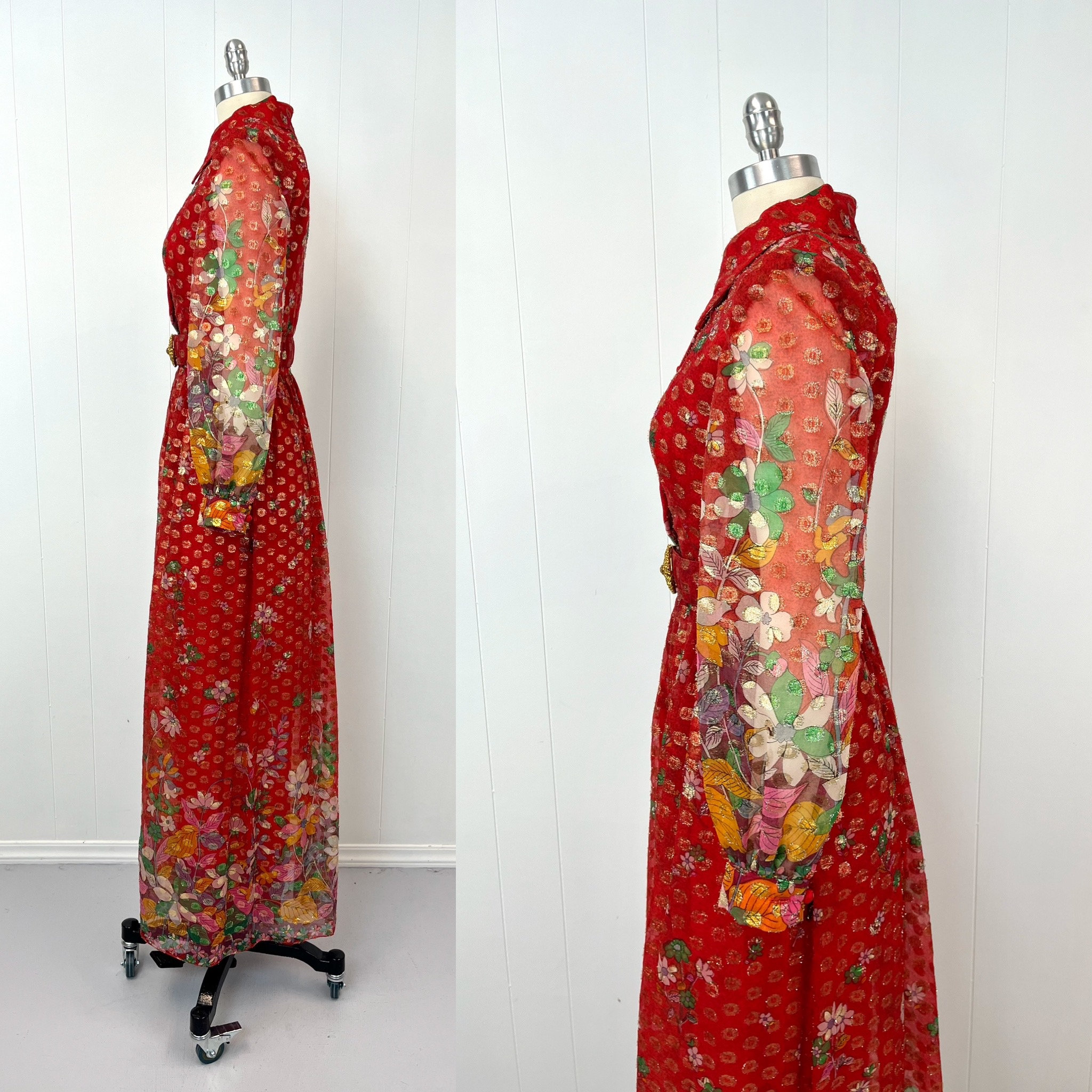 1960s/1970s Oscar De La Renta Red Metallic Gold Floral