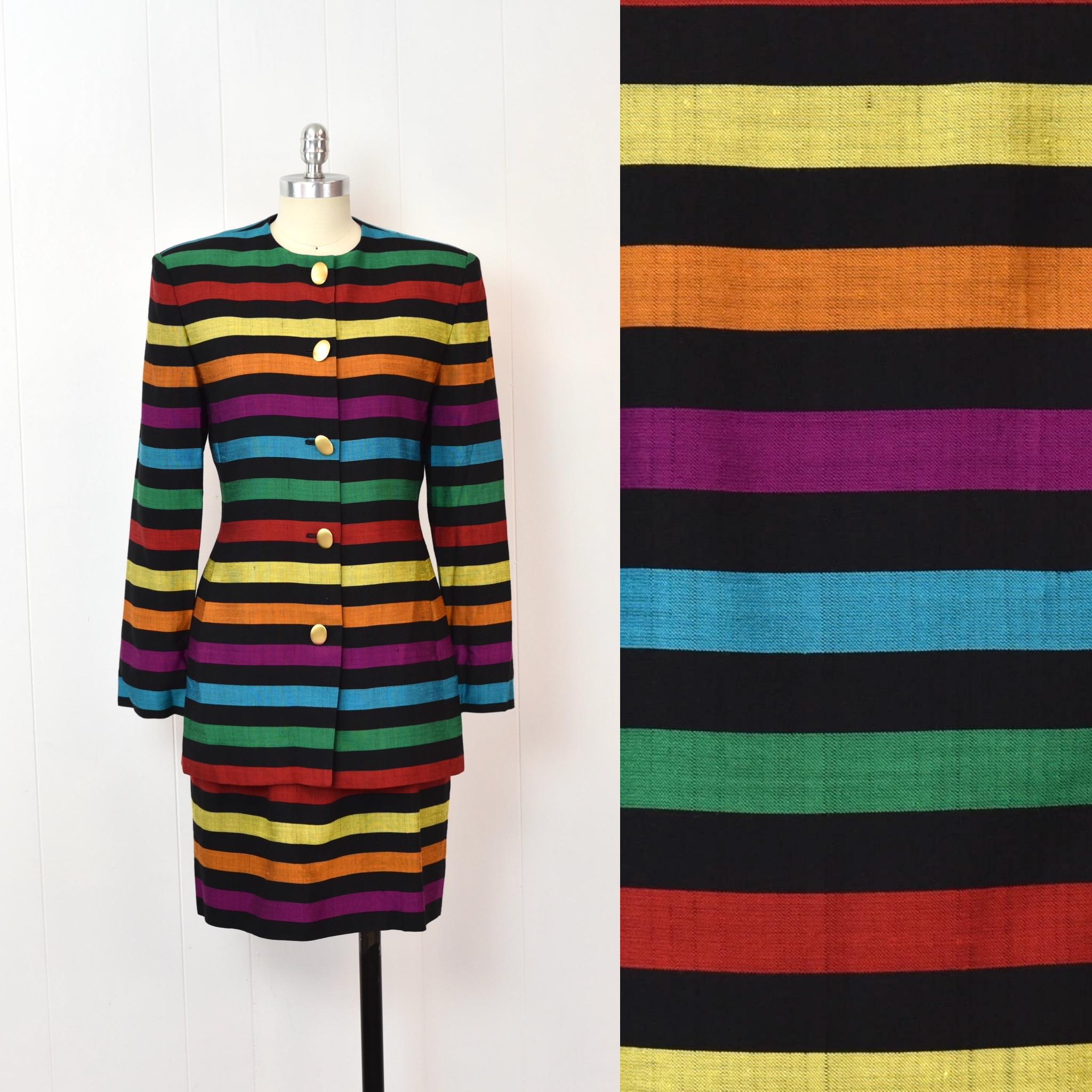 1980s Christian Dior Rainbow Striped Black Woven Silk Power