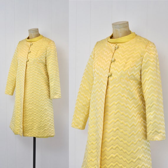 1960s Yellow Brocade Chevron Patterned Mod Dress … - image 2