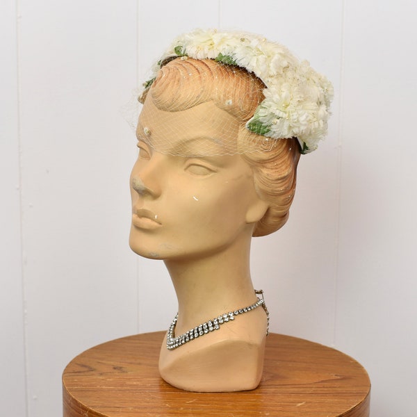 1950s White Floral Bridal Veiled Fascinator Skull Cap Headpiece Hat