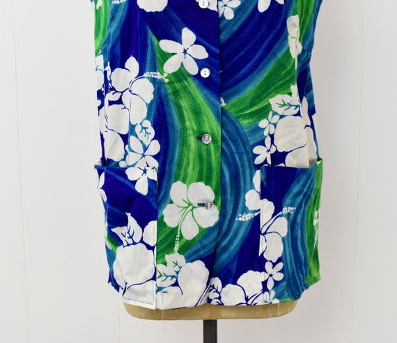 1970s Hawaiian Blue Green Hibiscus Floral Print H… - image 3