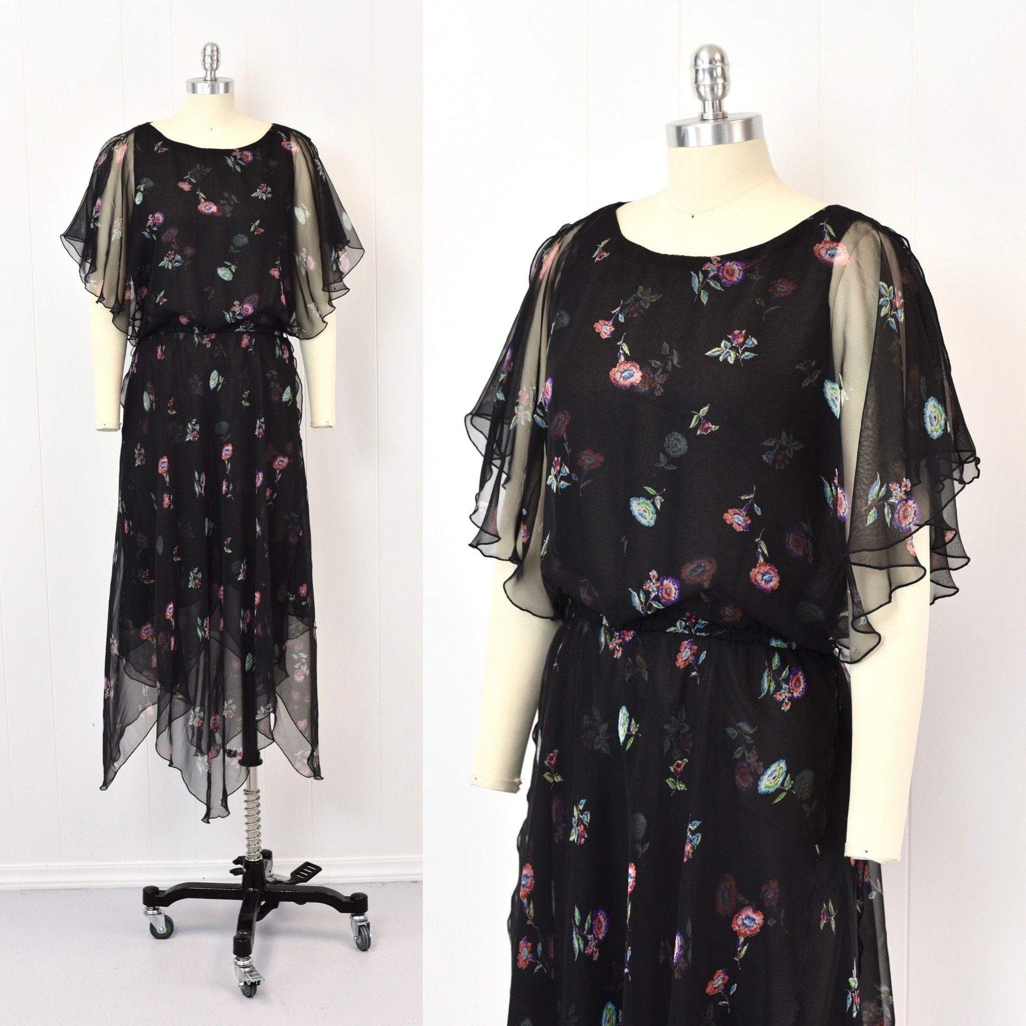 1980s Morton Myles Black Floral Chiffon Sheer Flutter Sleeve Hankie Hem Dress
