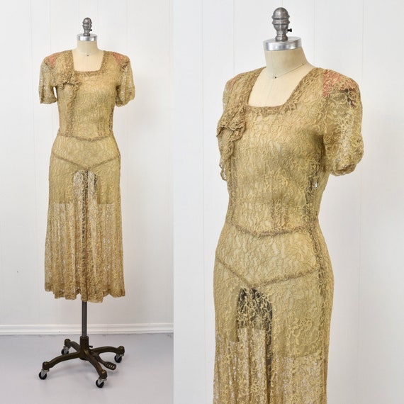 1940s Lace Sheer Floral Beige Tan Pinup Petite Dress - Etsy