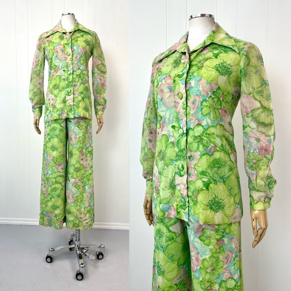 1970s Green Watercolor Floral Print Blouse & Palazzo Pants Two | Etsy