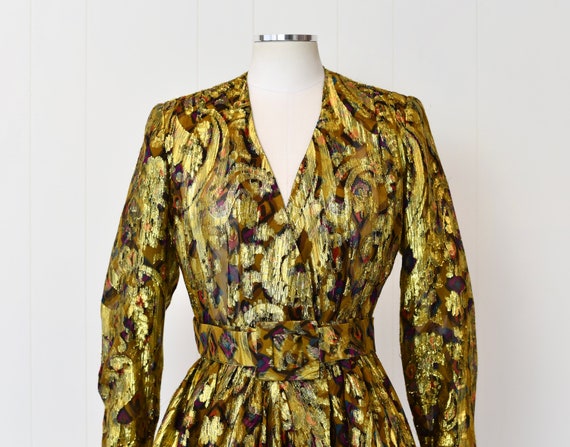 1980s Gold Metallic Floral Sheer Peplum Blouse wi… - image 2