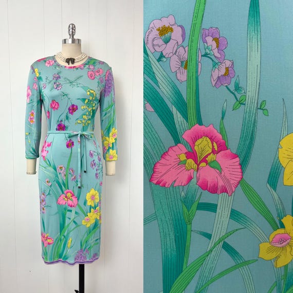 Vintage Leonard Paris Blue Floral Berry Fruit Novelty Print Silk