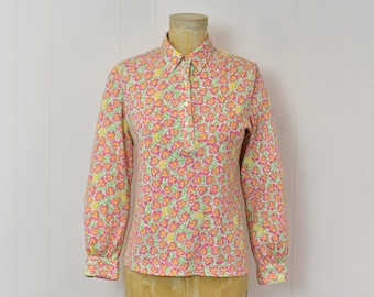 1980s Lilly Pulitzer Pansy Floral Print Pink Green Long Sleeve Blouse Shirt