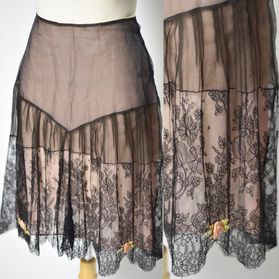 1920's Black & Pink Chantilly Lace Lingerie Slip