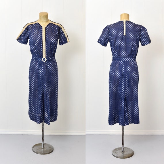 Early 1940s Polka Dot Blue Lace Dress With Belt - Etsy