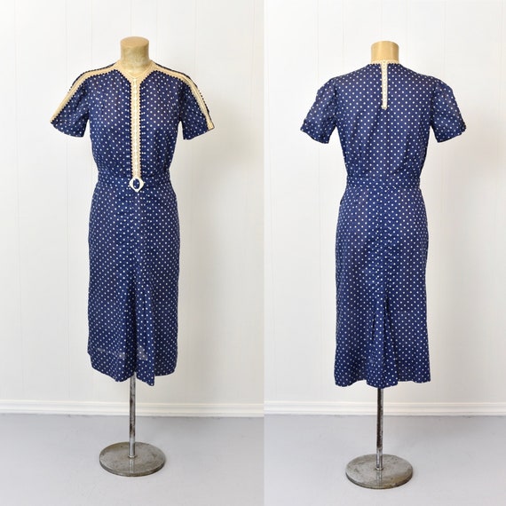 Early 1940s Polka Dot Blue Lace Dress with Belt - image 1