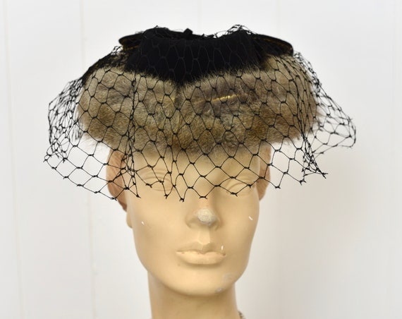 1940s Black Veiled Fur Sequin Bow Top Hat Fascina… - image 3