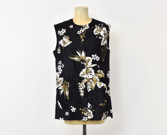 1960s Paradise Hawaii Black Metallic Gold Floral … - image 1