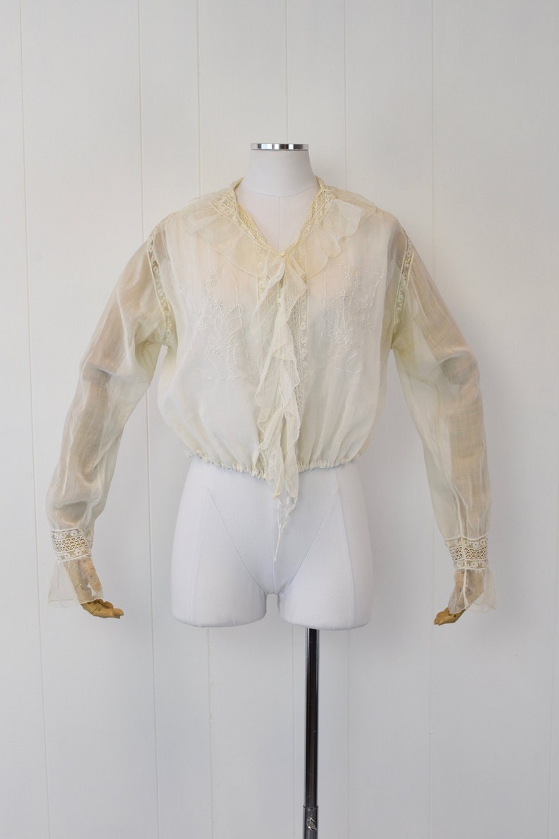 Antique 1900s White Voile Floral Embroidered Blouse image 1