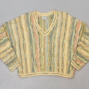 1980s/1990s Coogi Australia Authentic Colorful 3D Crazy V Neck Long Sleeve Cotton Knit Pullover Sweater