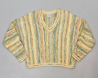 1980s/1990s Coogi Australia Authentic Colorful 3D Crazy V Neck Long Sleeve Cotton Knit Pullover Sweater