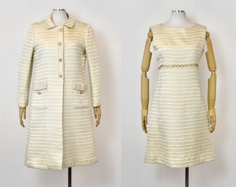 1960s I. Magnin Ivory Metallic Cocktail Party Dress & Jacket Two Piece Suit Set