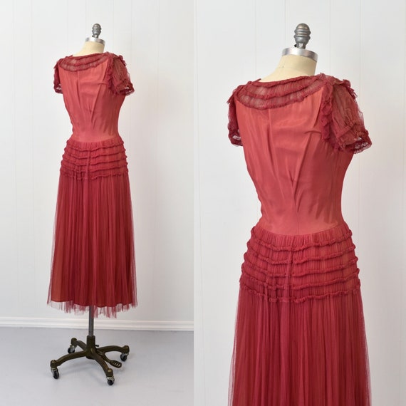 1940s/1950s Coral Tulle Party Prom Dress - image 7