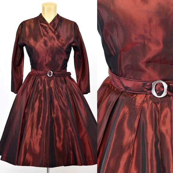 1950's Red Sharkskin Taffeta Dress
