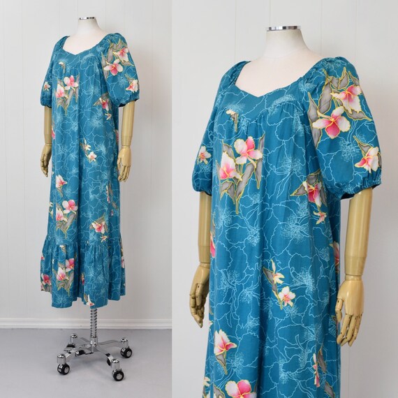 1970s Hawaiian Blue & Pink Floral Hilo Hattie Dress a… - Gem