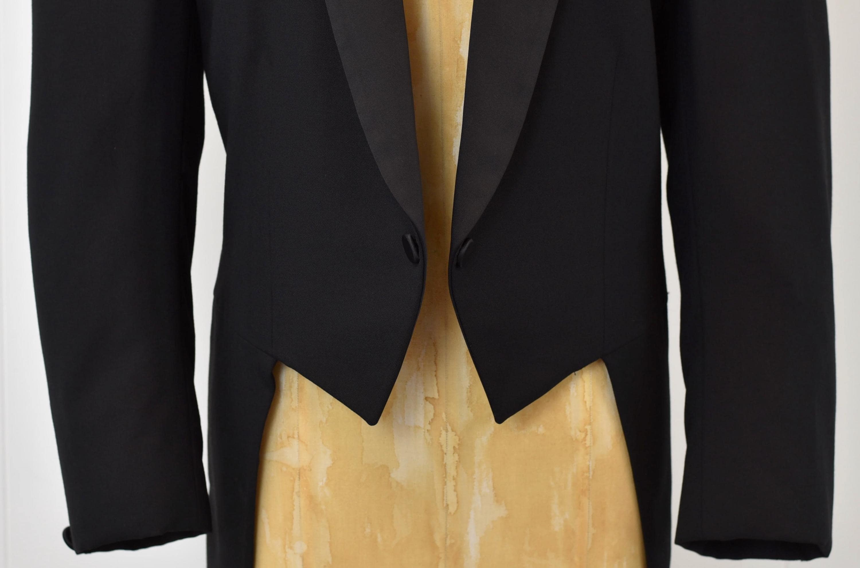 1980s Pierre Cardin Black Wool Satin Collar Tails Tuxedo Suit