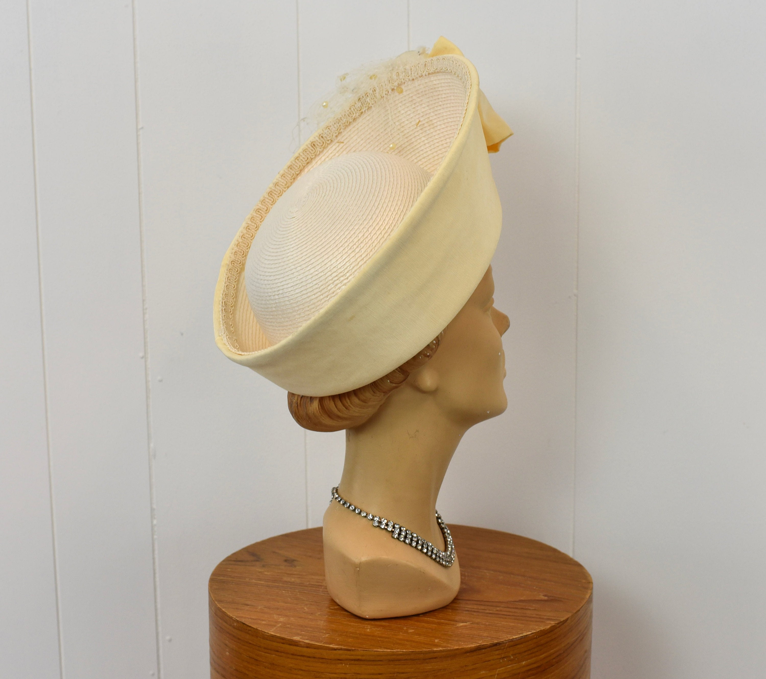 Vintage Cream Straw Whittall & Shon Floral Hat Whittall Shon Cream Wide Brimmed Straw Hat With A Gorgeous  main image 4