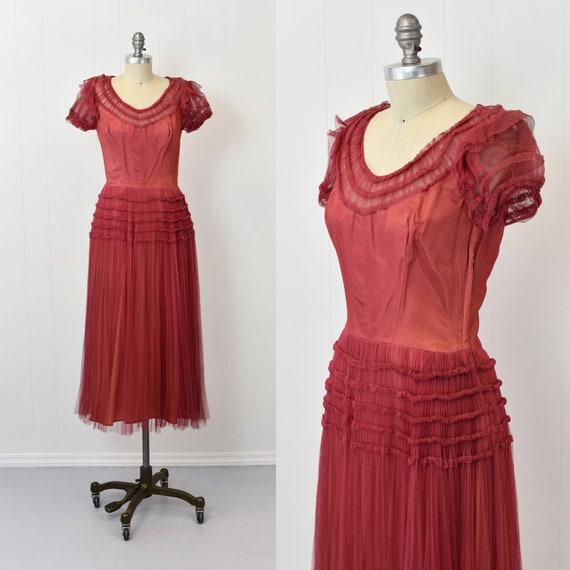 1940s/1950s Coral Tulle Party Prom Dress - image 1