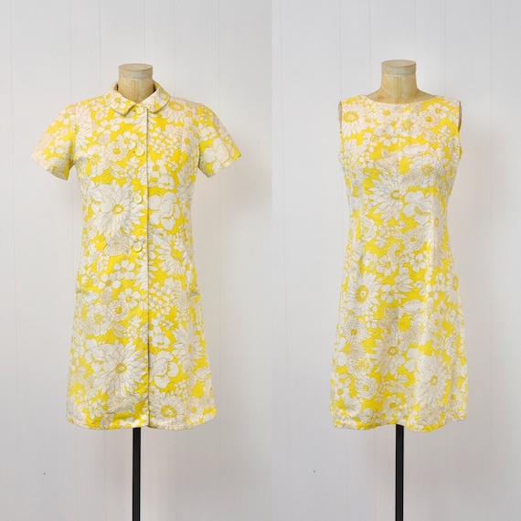 1960s Serbin of Florida Yellow White Floral Print… - image 1