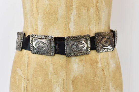 1970s Sterling Silver Black Leather Western Statement Belt 