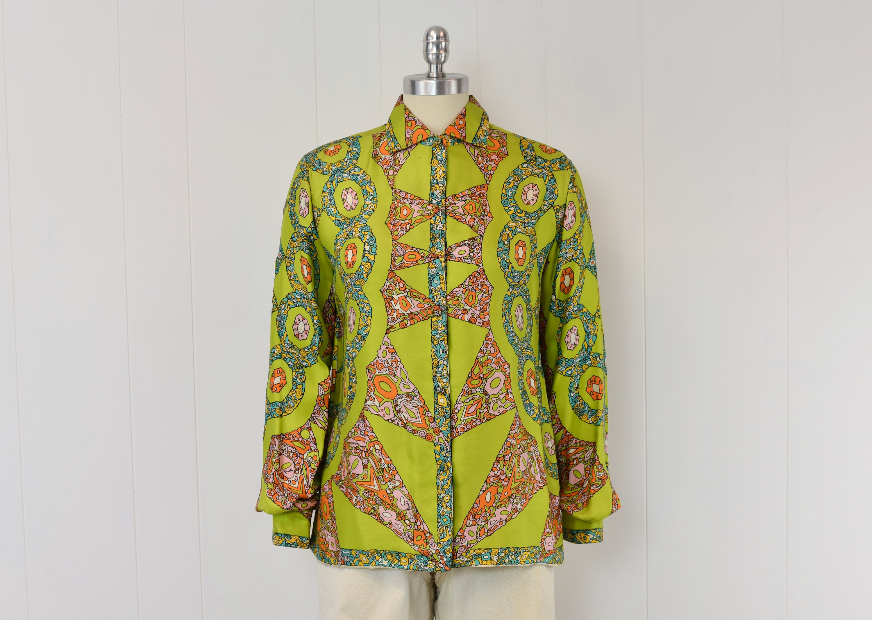 1960s Emilio Pucci Lime Green Colorful Print Silk Long Sleeve 
