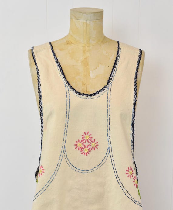 Antique Floral Embroidery Linen Apron Dress - image 6