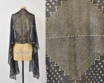 1920s Blue Assuit Egyptian Revival Art Deco Hammered Metal Net Shawl Wrap