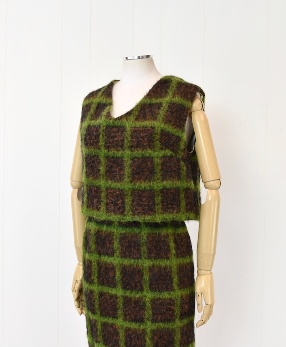 1960s Green Plaid Checkered Blouse & Skirt Two Pi… - image 4