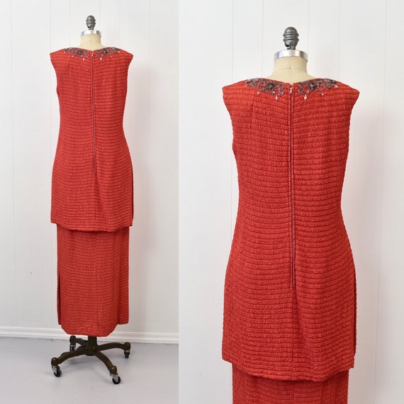 1960s Coral Beaded Rhinestone Mod Party Maxi Dres… - image 5