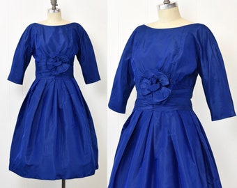 1950s Suzy Perette Royal Cobalt Blue Taffeta Floral Party Pinup Mrs. Maisel Dress