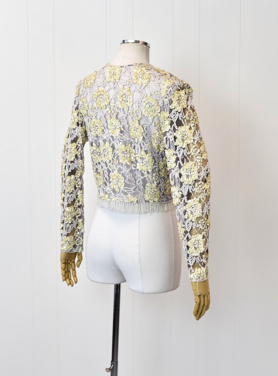 1960s Lavender Floral Lace Yellow Sequin Beaded F… - image 9