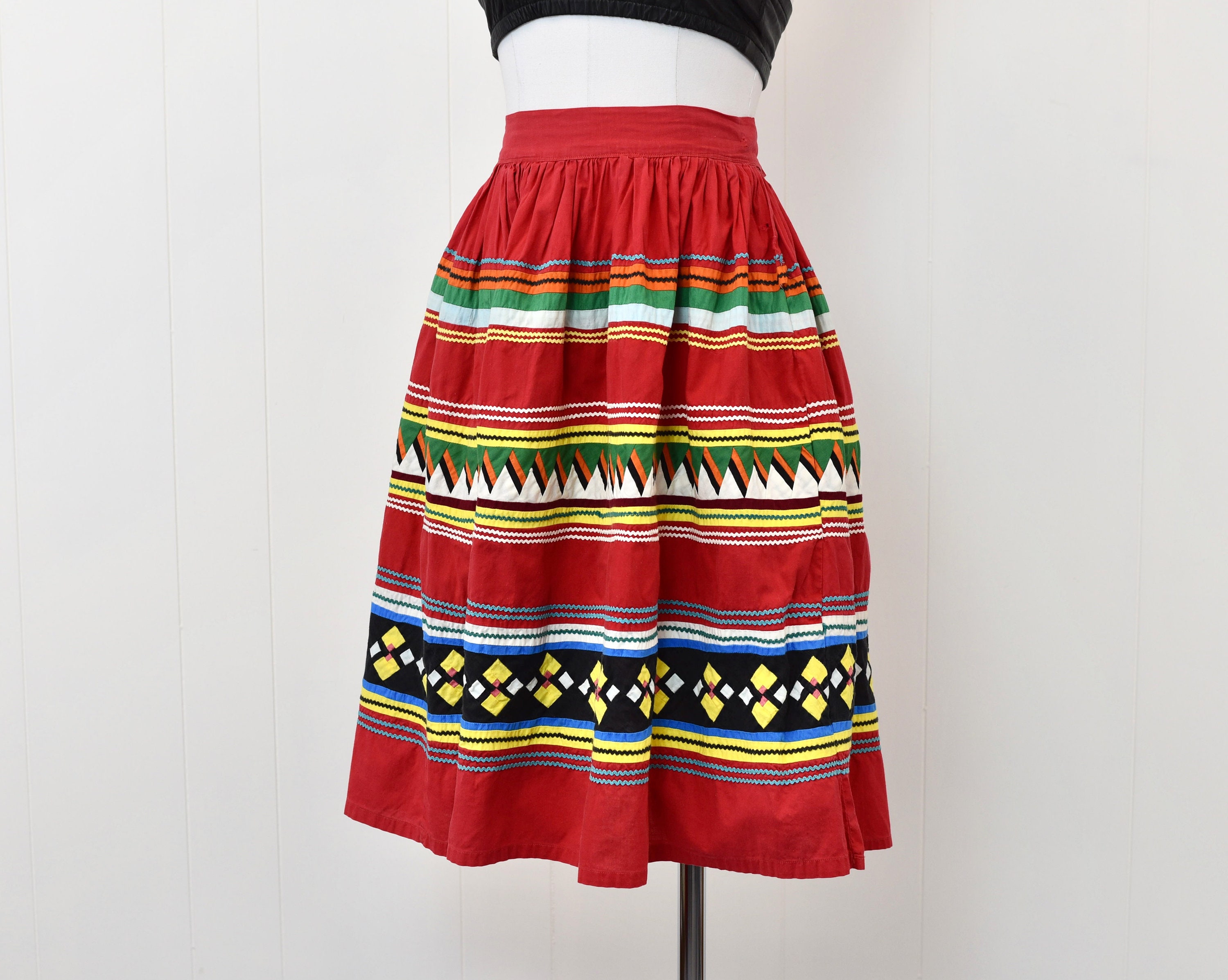 RARE 1950s Seminole Native American Patchwork Souvenir Red Skirt