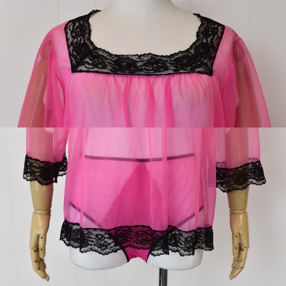 1960s/1970s Hot Pink Black Lace Blouse & Panties … - image 3