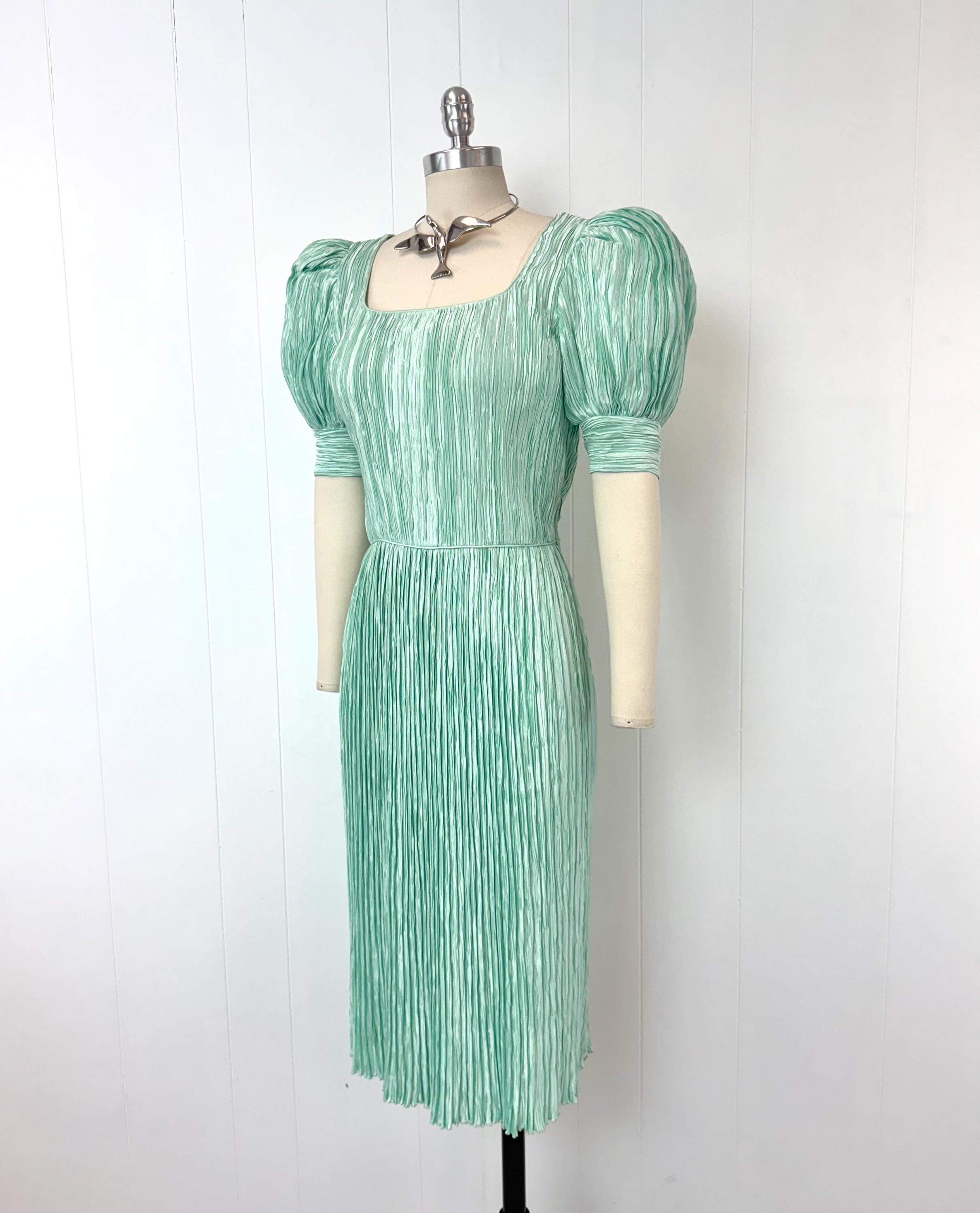 mary green dress 1980s Mcfadden Couture Mint Pleated Marii Fabric Puff Sleeve Party With a flattering V