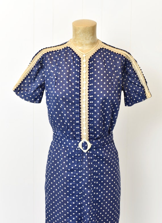 Early 1940s Polka Dot Blue Lace Dress with Belt - image 2