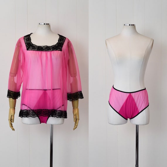 1960s/1970s Hot Pink Black Lace Blouse & Panties … - image 1